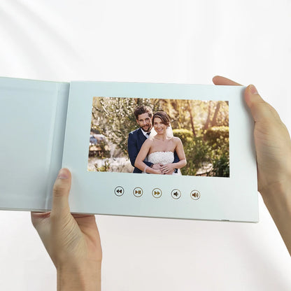 Livre vidéo de luxe relié en lin Album vidéo de mariage Jusqu'à 3 heures de vidéo, écran IPS 7", 4 Go de mémoire et batterie rechargeable