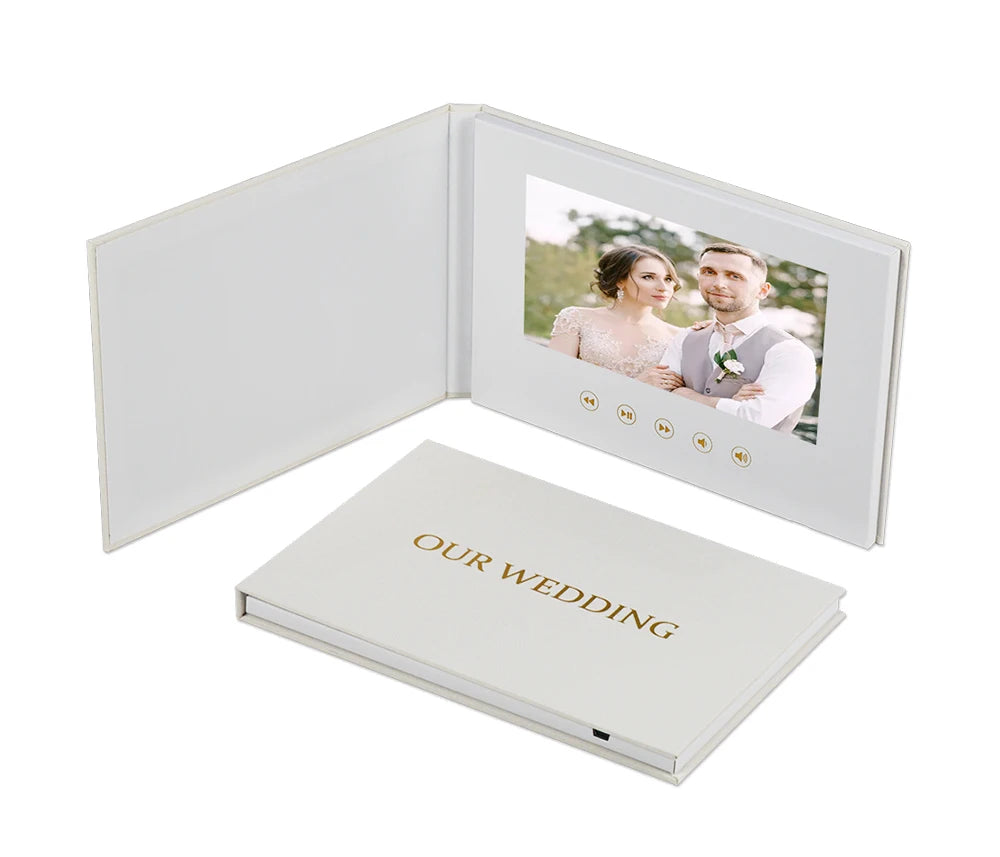 Livre vidéo de luxe relié en lin Album vidéo de mariage Jusqu'à 3 heures de vidéo, écran IPS 7", 4 Go de mémoire et batterie rechargeable