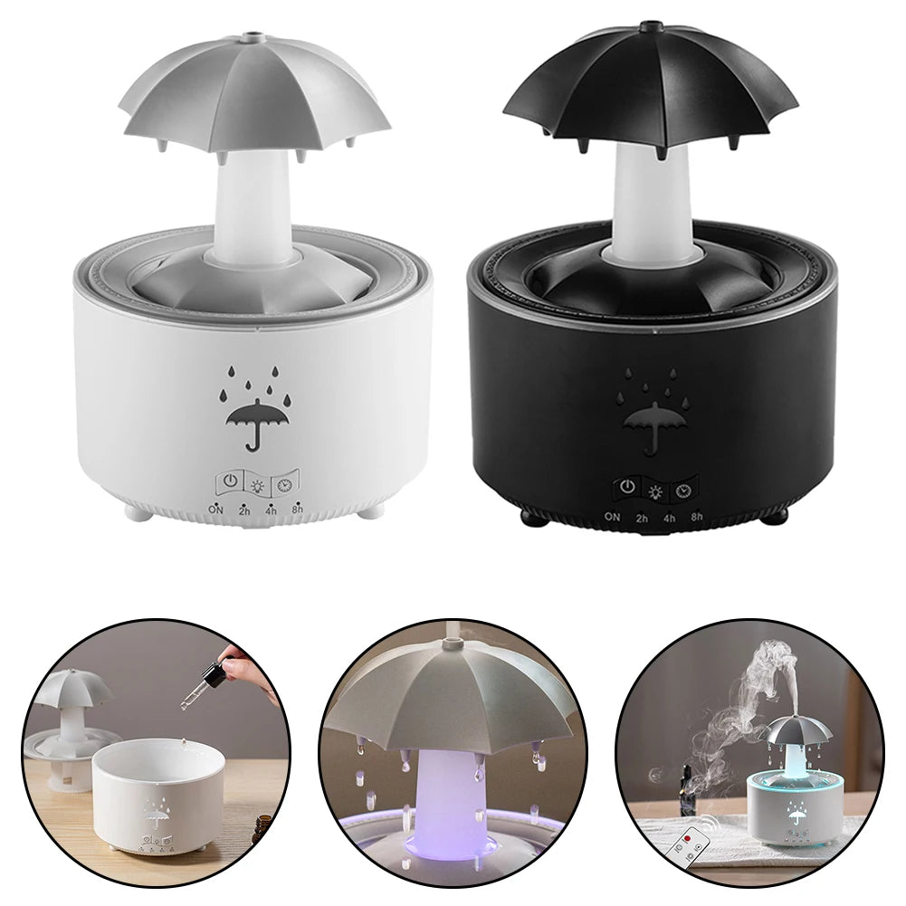 Humidificateur en forme de parapluie avec effet de pluie, diffuseur LED 7 couleurs, réservoir d'eau de 300ml pour chambres à coucher et espaces de travail