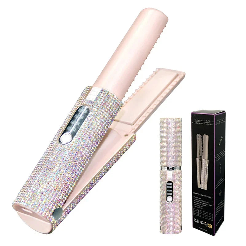  Lisseur électrique USB 2 en 1, bigoudi, Design diamant coloré, brosse de coiffure sans fil de voyage