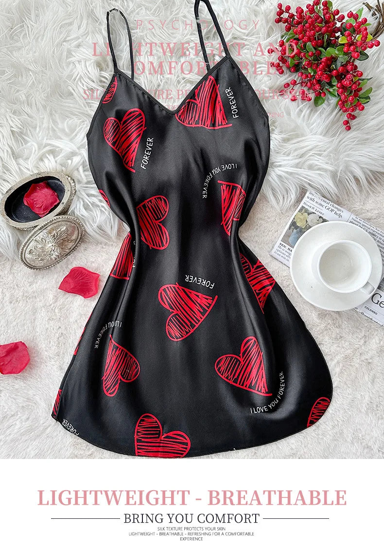 Robe de nuit en Satin à imprimé coeur pour la saint-valentin, col en V, dos nu, Mini robe de nuit, vêtements de nuit pour femmes